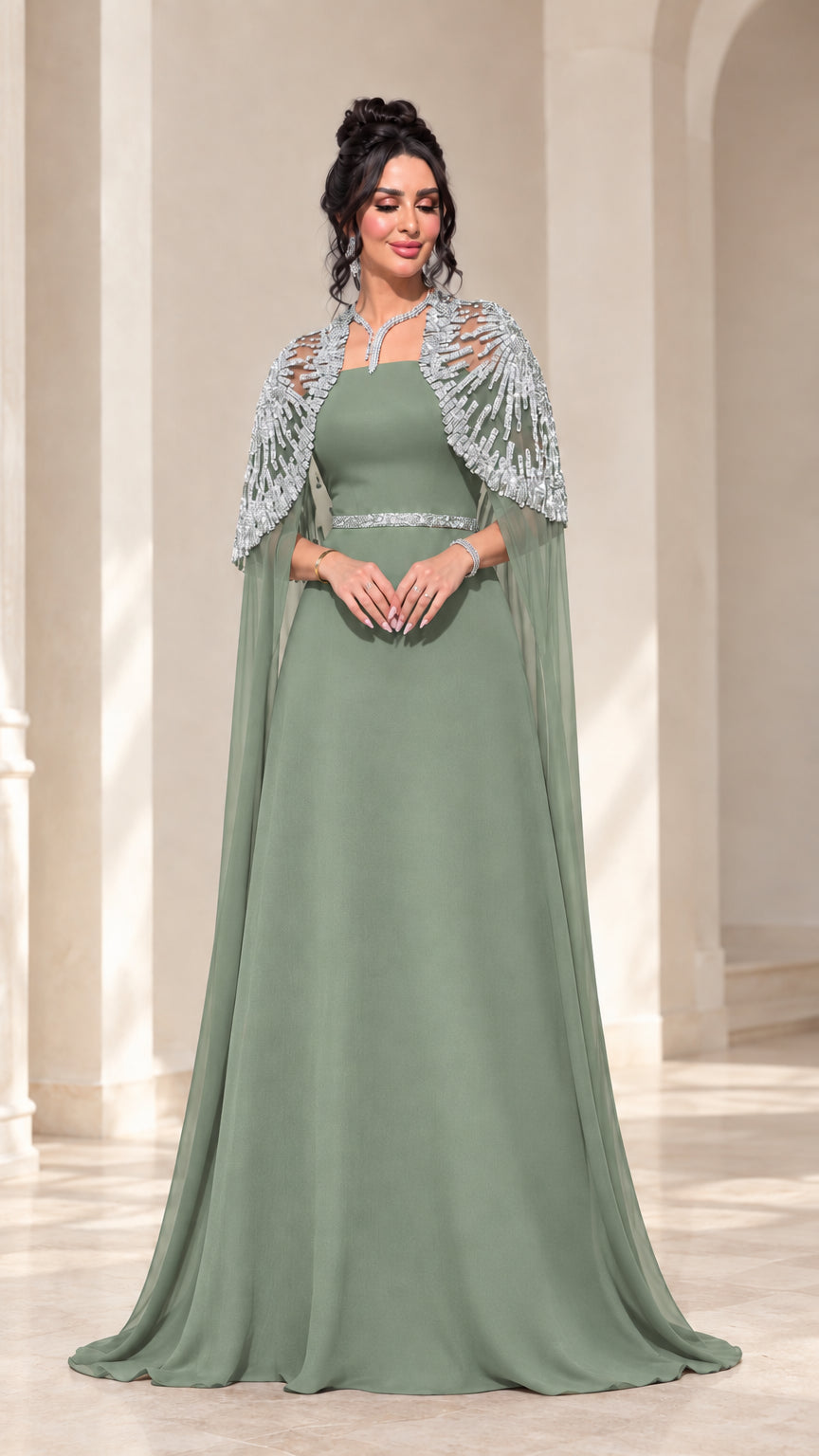 Sage green formal maxi gown with silver beaded cape overlay