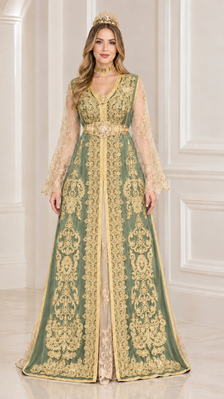 Sage green velvet embroidered kaftan dress with sheer bell sleeves