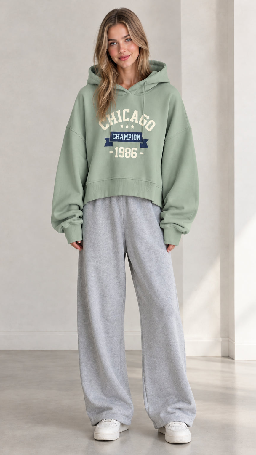 Front view of woman wearing Sage Green Chicago graphic cropped hoodie