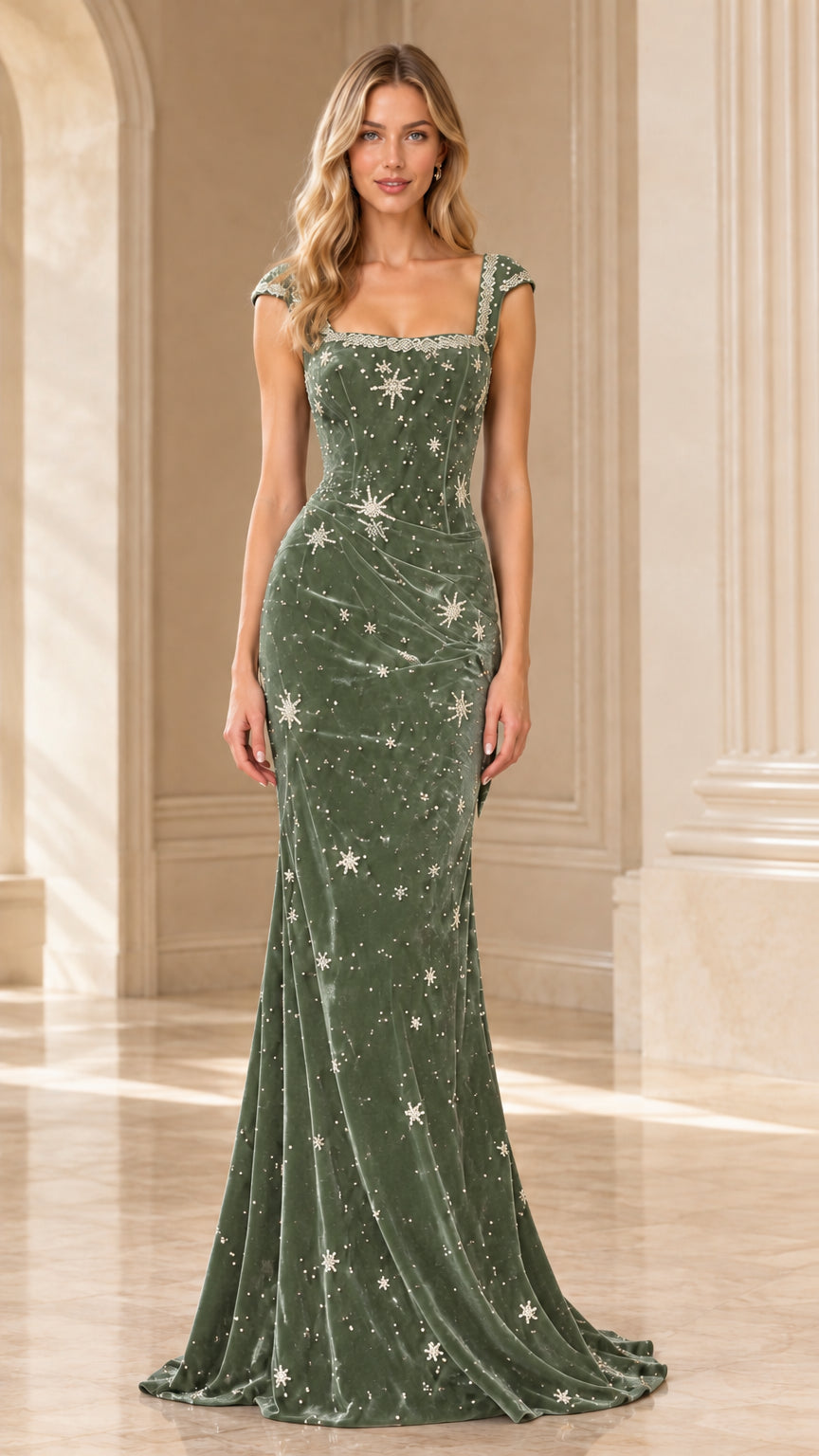 Sage green velvet celestial starburst beaded mermaid gown