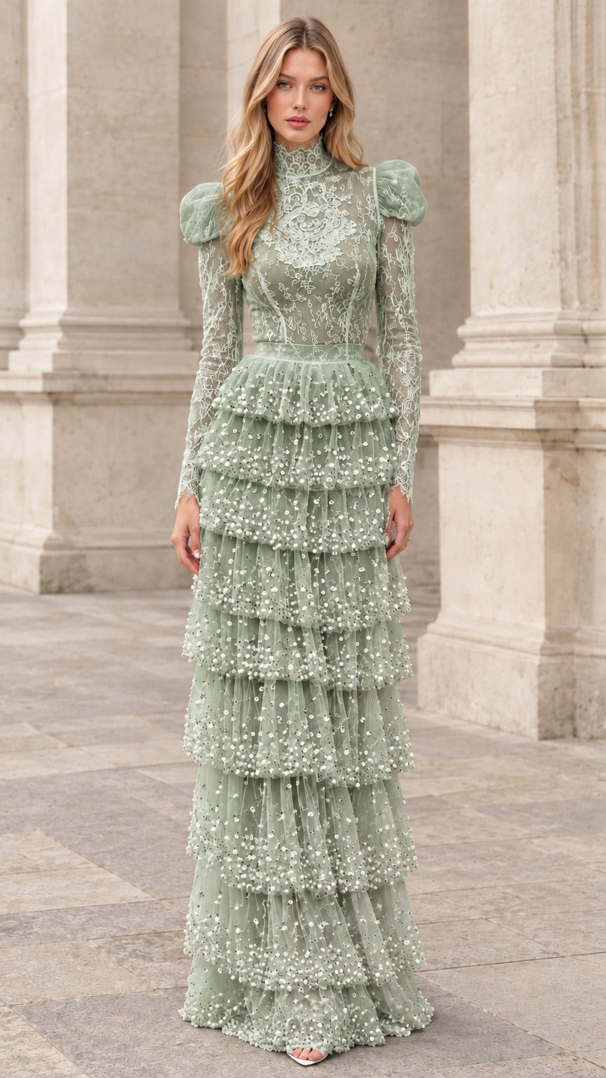 Front view of model wearing sage green high-neck tiered lace maxi gown