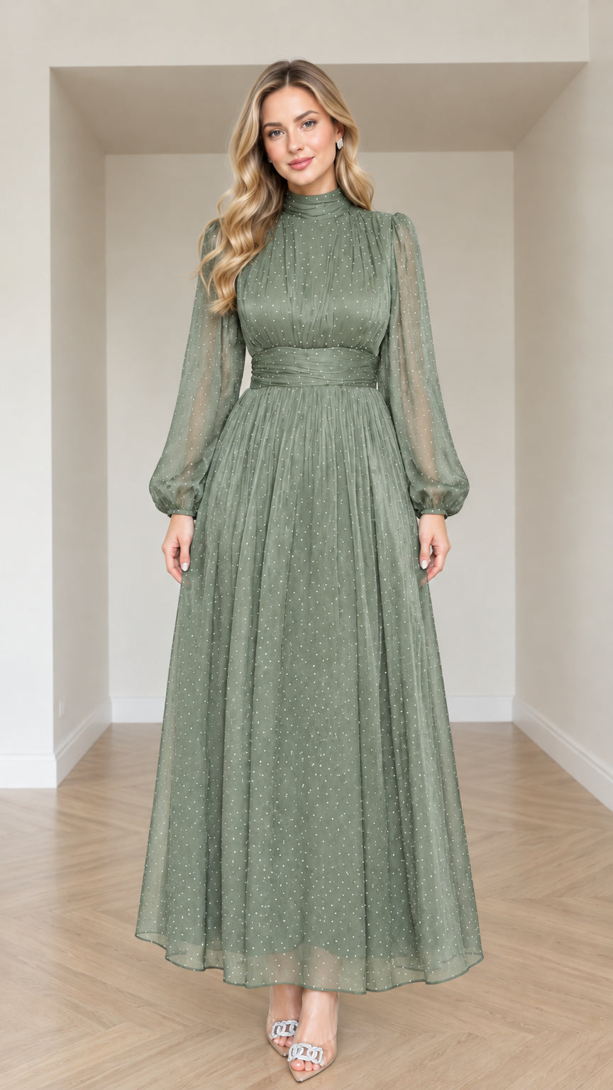 Front view of woman wearing Sage Green shimmer pleated waist formal maxi gown