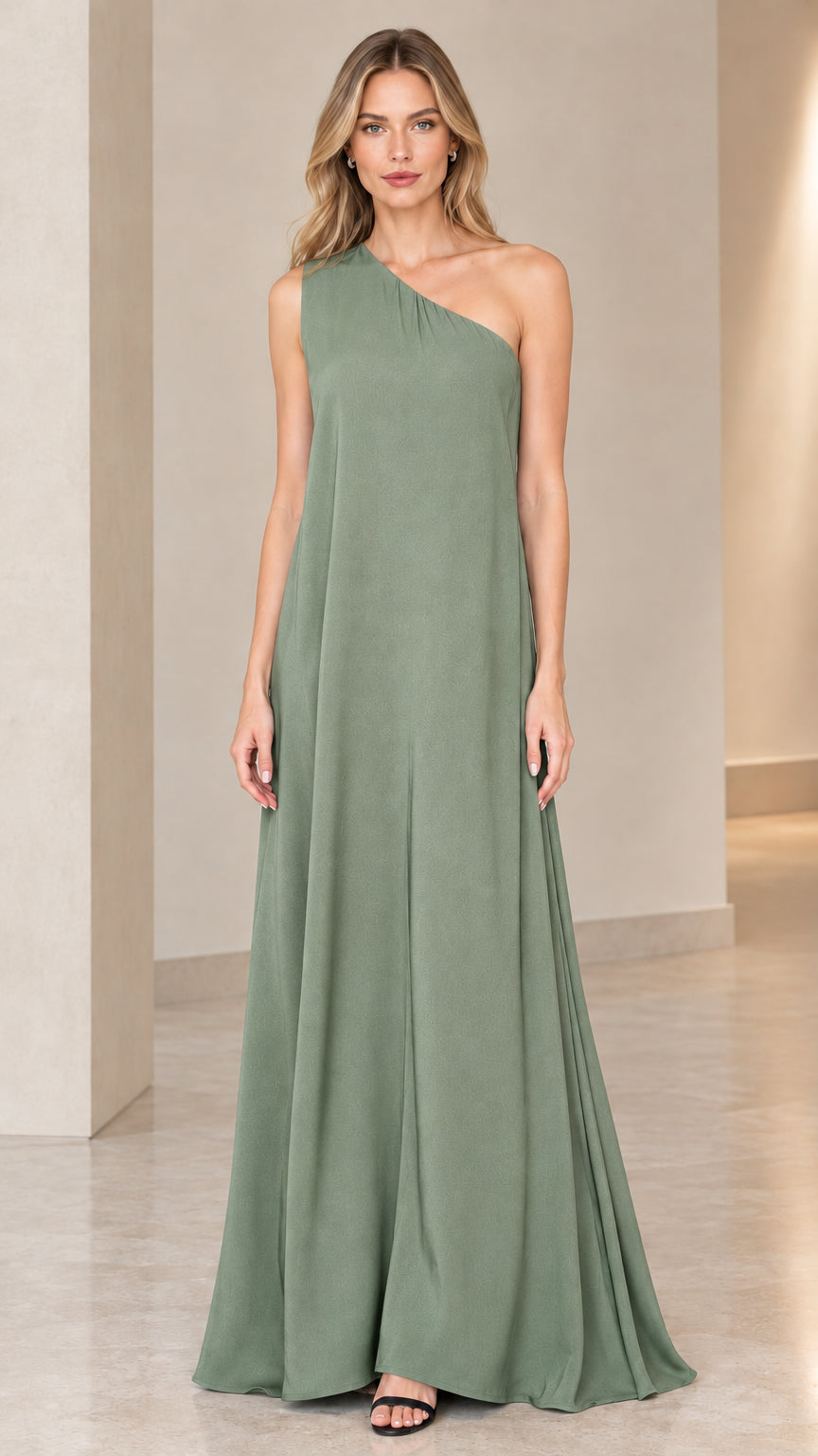 Front view of model wearing sage green one-shoulder maxi dress