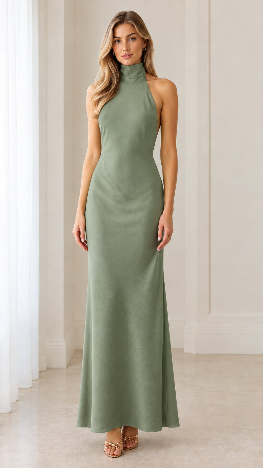 Front view of sage green high halter neck column maxi dress