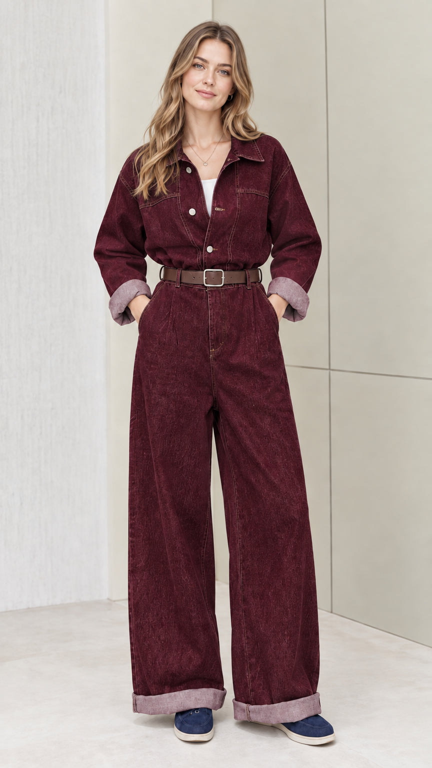 Front view of woman wearing burgundy wine red wide-leg utility jumpsuit with belt