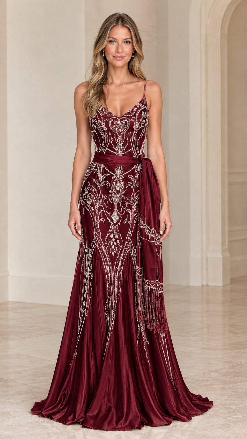 Burgundy beaded embroidered satin mermaid evening gown with fringe sash