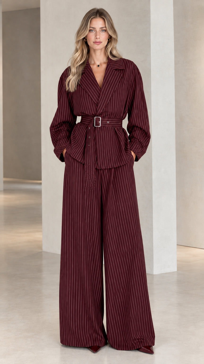 Model wearing Burgundy pinstripe belted blazer top and matching wide leg suit set