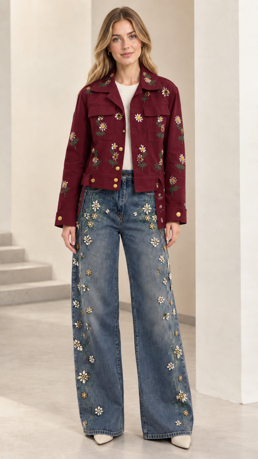 Full look featuring burgundy floral embroidered utility jacket