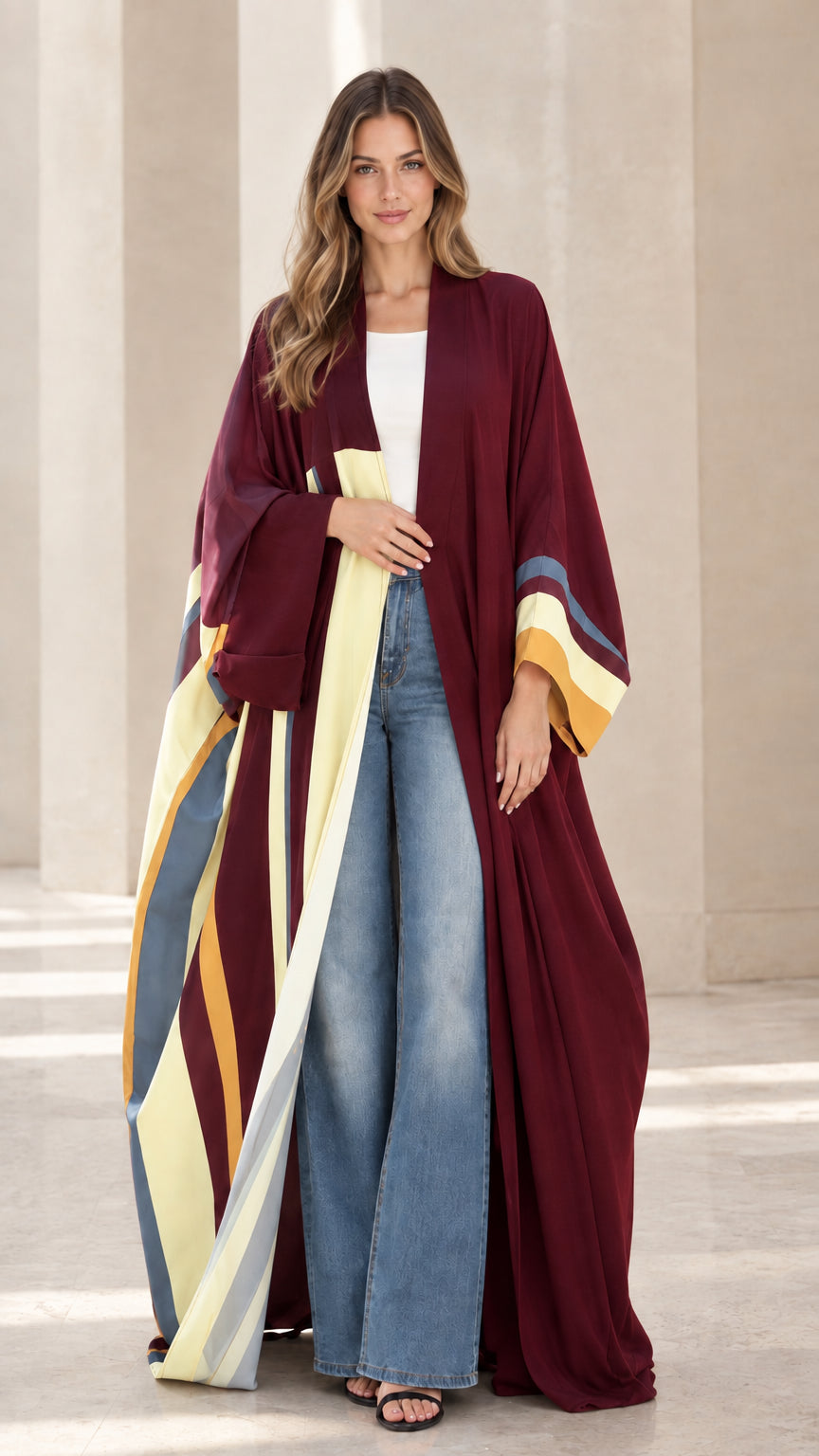 Full-length front view of burgundy wine colorblock open-front kimono abaya