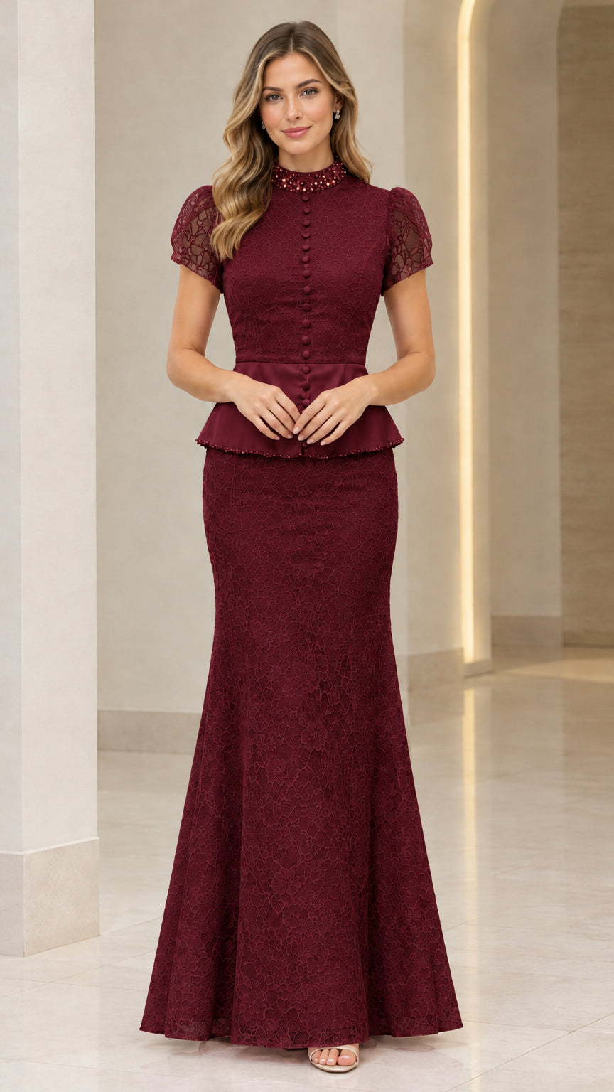 Burgundy beaded high neck peplum lace evening gown front view
