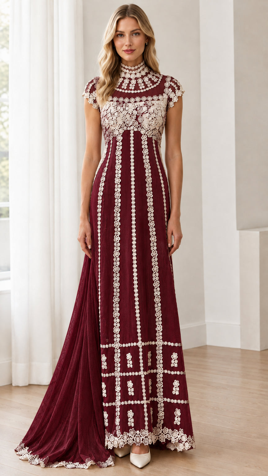 Burgundy lace overlay maxi gown with contrast embroidery
