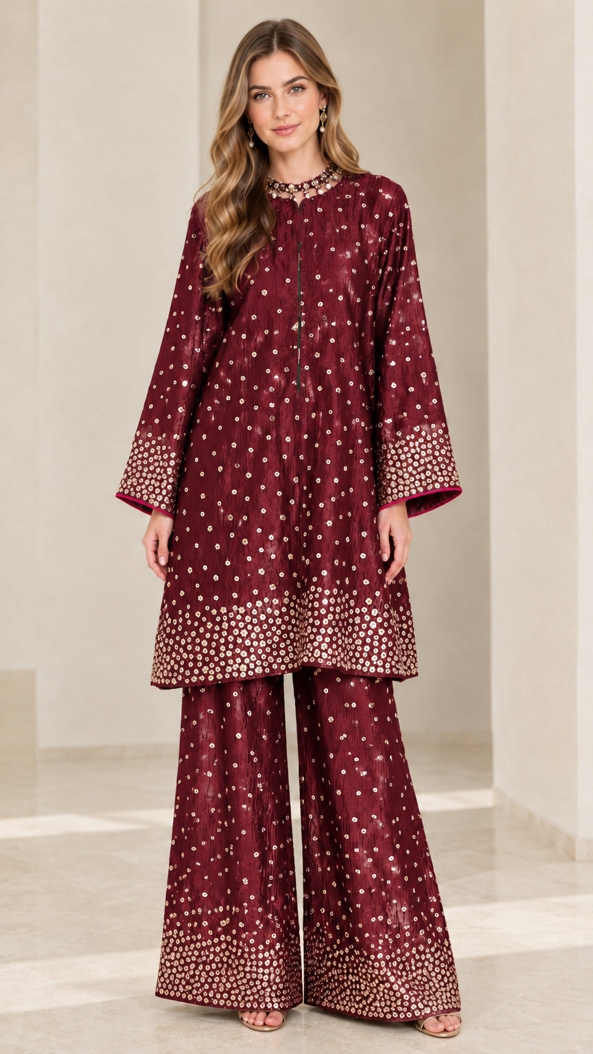 Model wearing Burgundy longline embellished tunic and wide-leg pant set