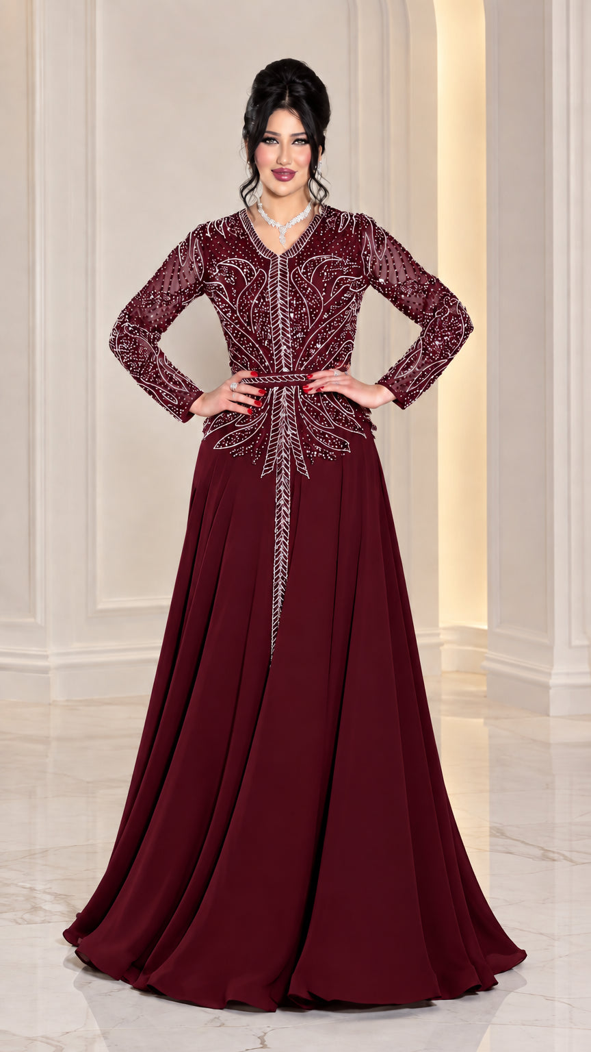 Burgundy wine red beaded long sleeve evening gown