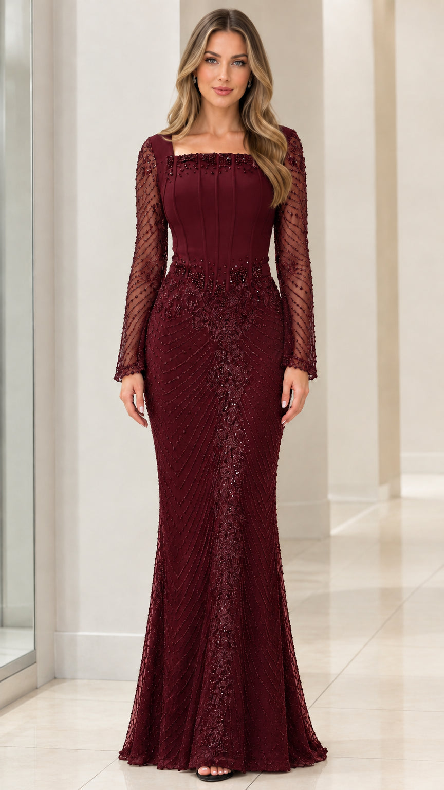Burgundy square neck beaded long sleeve mermaid gala gown