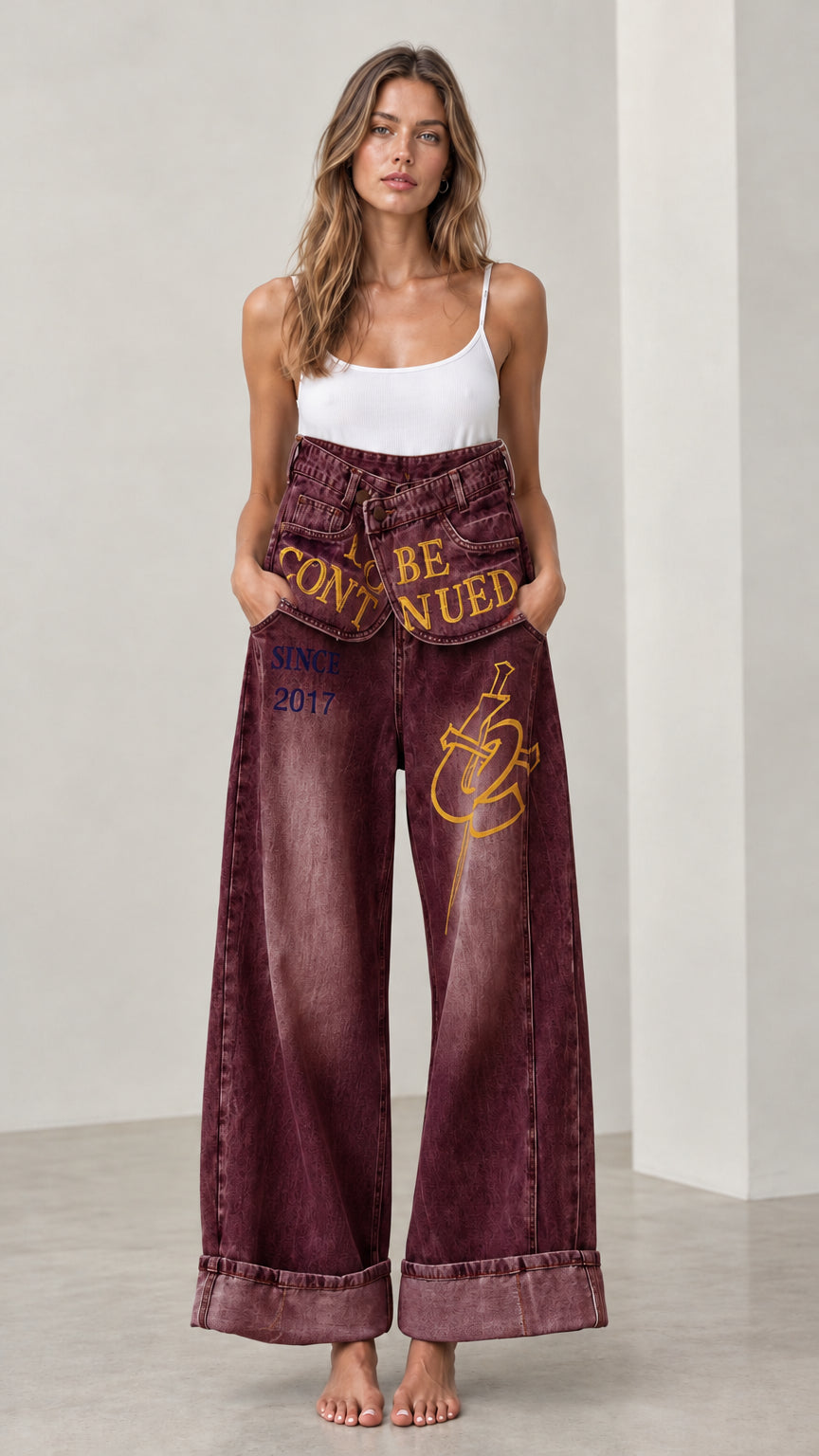 Front full view of Burgundy Fold-Over Waist Graphic Wide-Leg Jeans