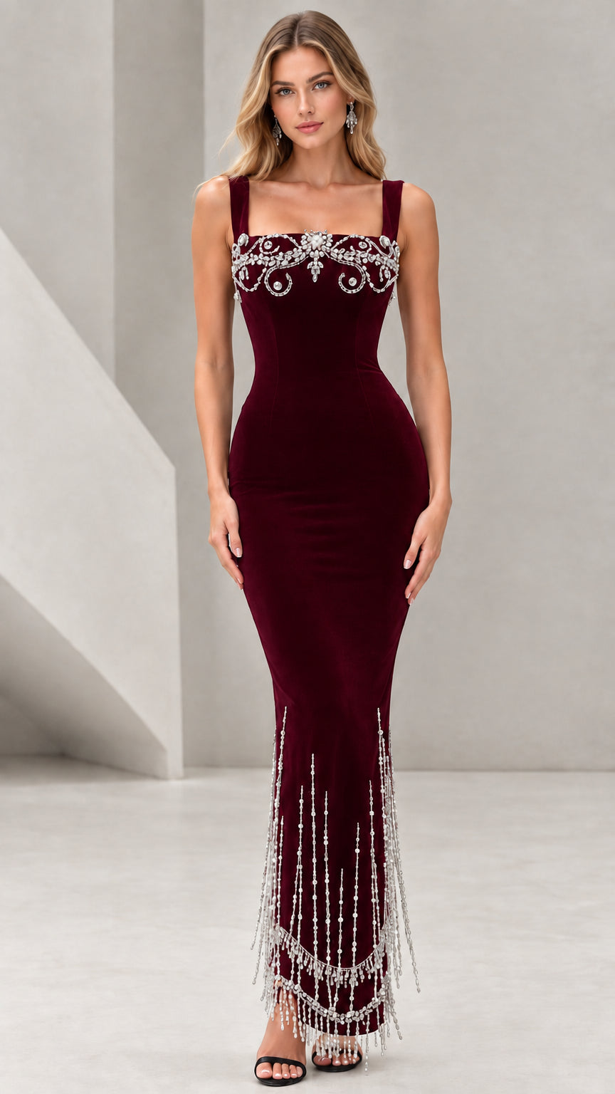 Burgundy wine red square neck crystal embellished formal maxi dress