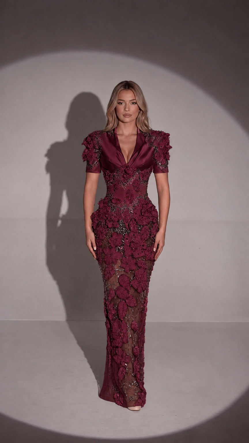 Front view of burgundy red 3D floral appliqué embellished maxi dress