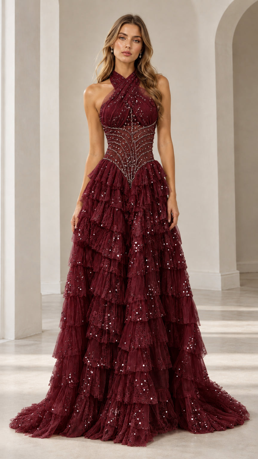 Model wearing Burgundy halter-neck tiered sequin formal evening gown