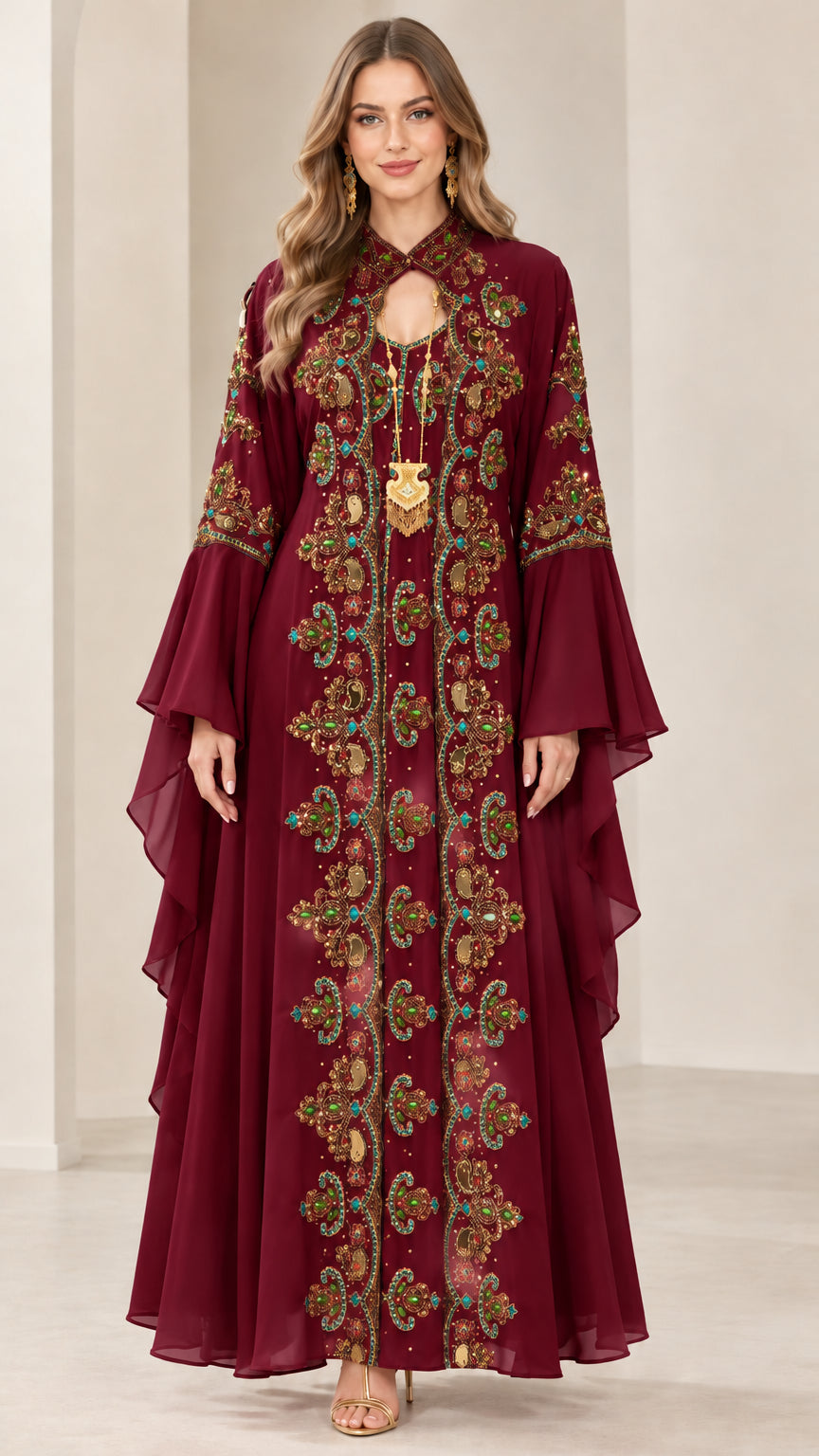 Burgundy wine embroidered kaftan maxi dress front view
