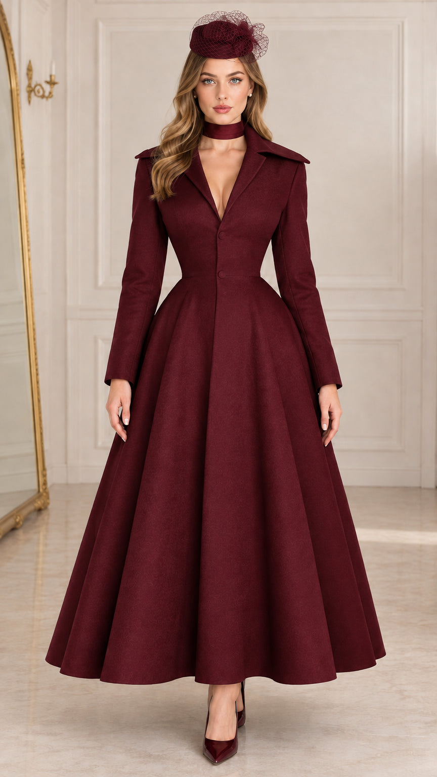 Model wearing Burgundy wine red vintage lapel long sleeve corset-back maxi dress