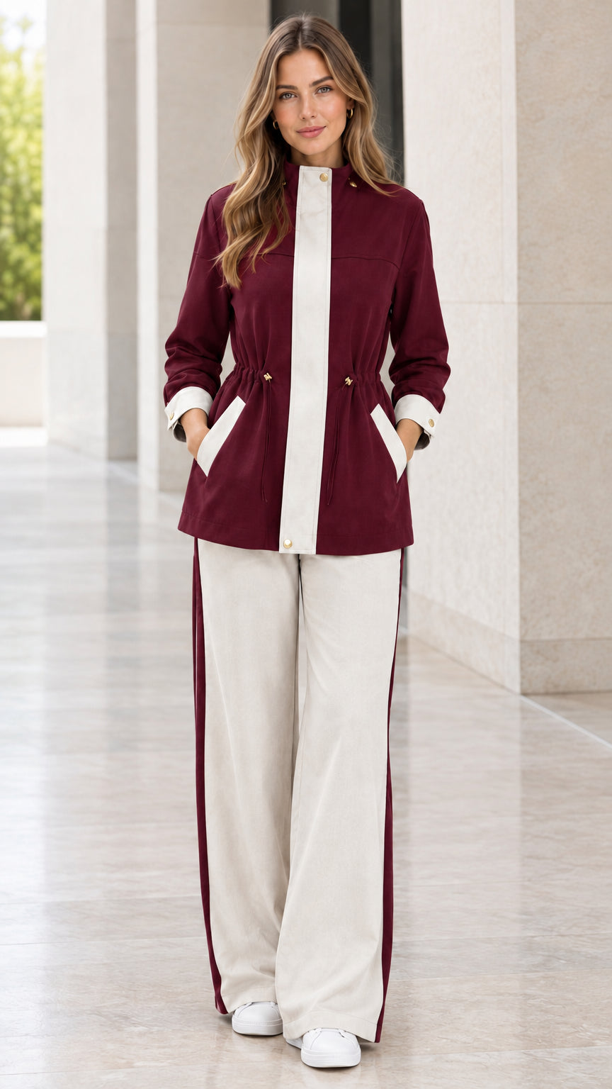 Burgundy contrast trim two-piece jacket and wide-leg pant set
