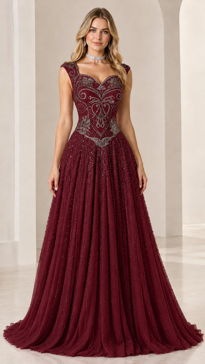 Front view of burgundy beaded sleeveless A-line gala gown