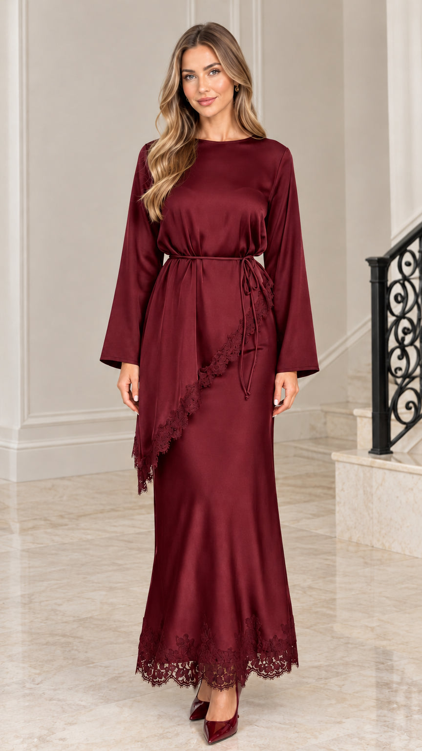 Burgundy wine red satin formal evening maxi dress with lace hem