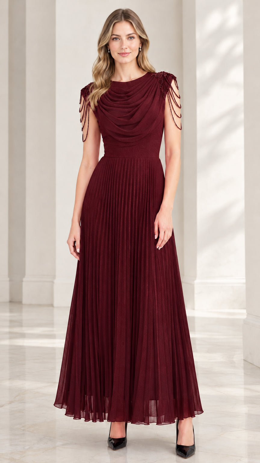 Model wearing burgundy wine red pleated cowl neck evening dress