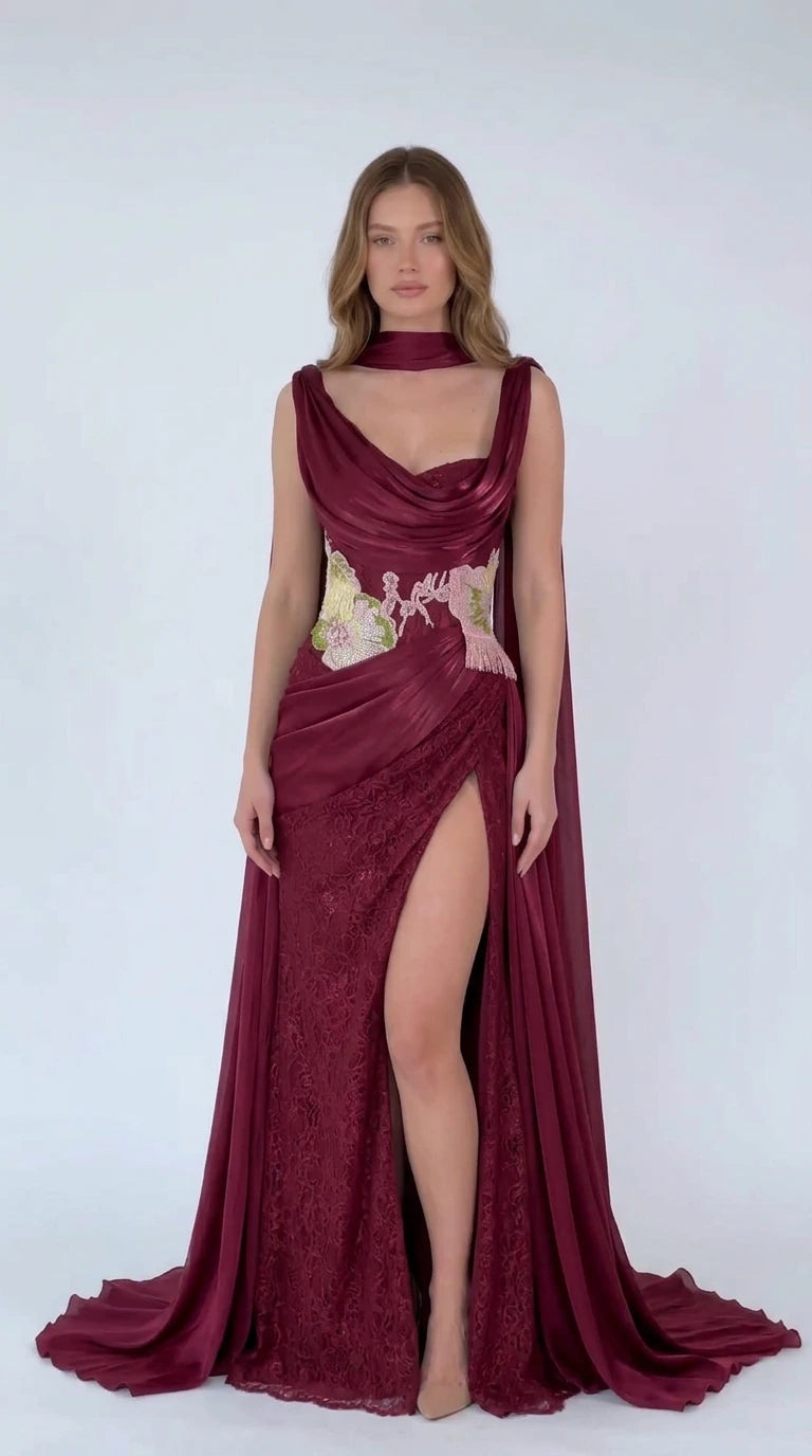 Burgundy wine red cowl neck gown with floral embroidered bodice and cape
