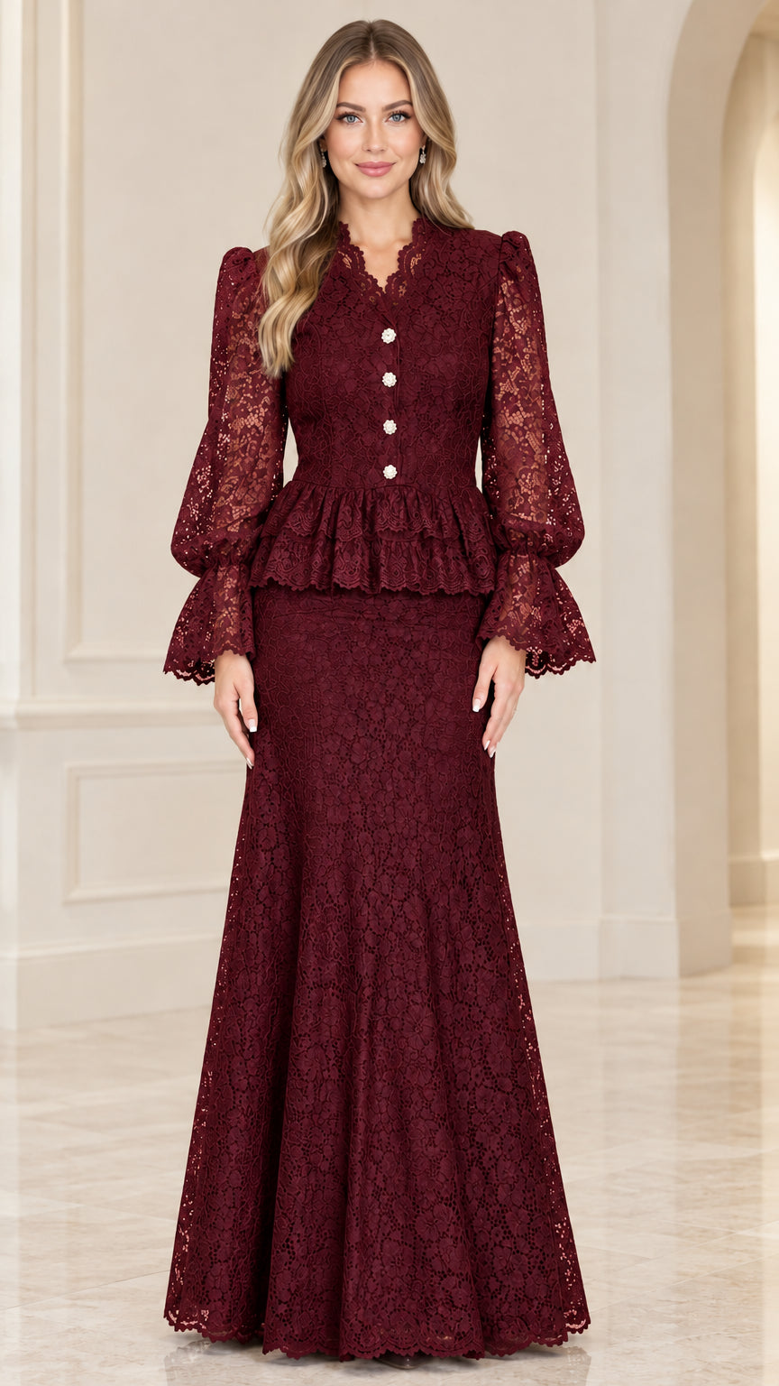 Front view of rich burgundy wine lace formal evening gown
