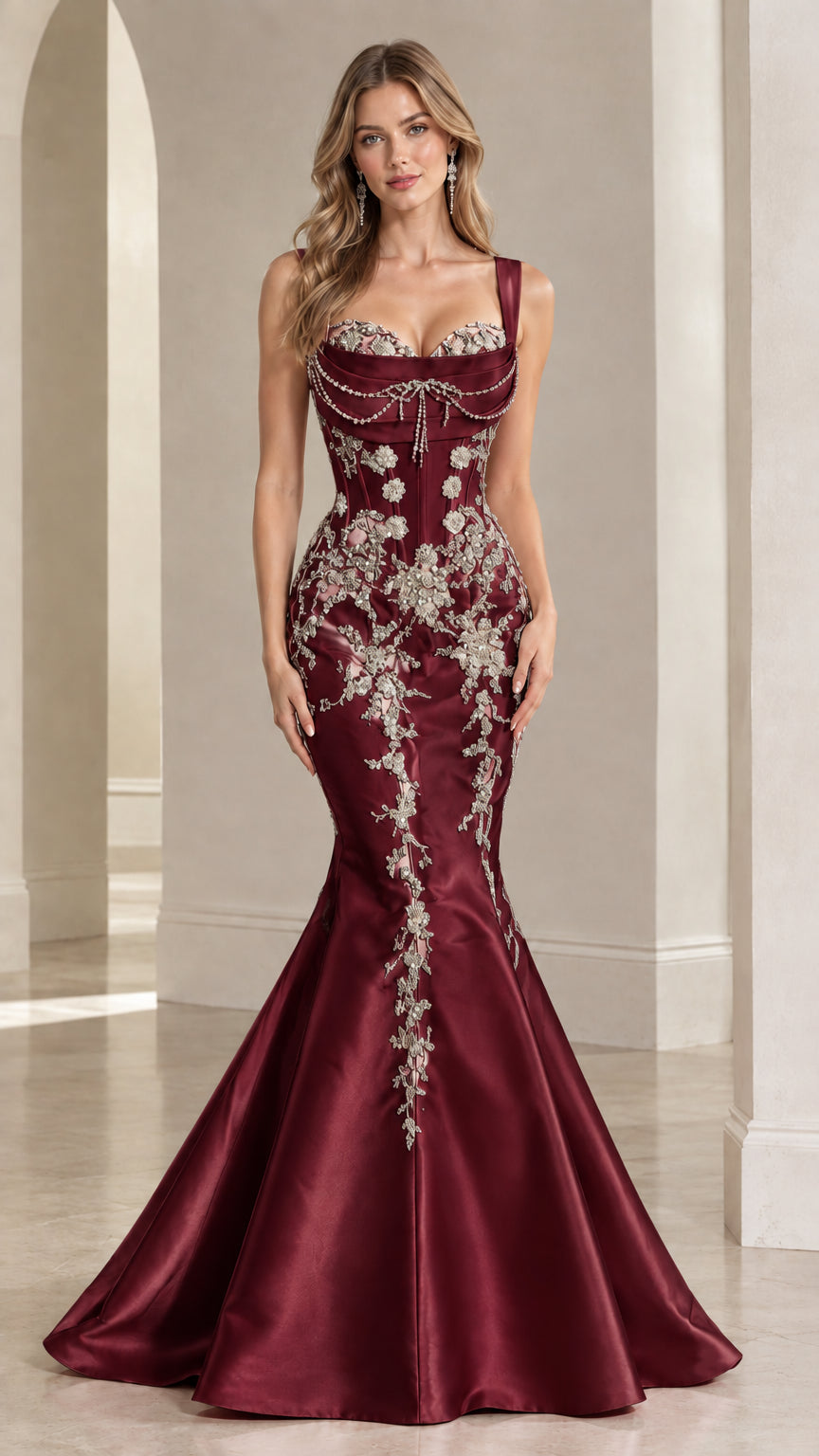 Front view of burgundy wine beaded corset satin mermaid evening gown