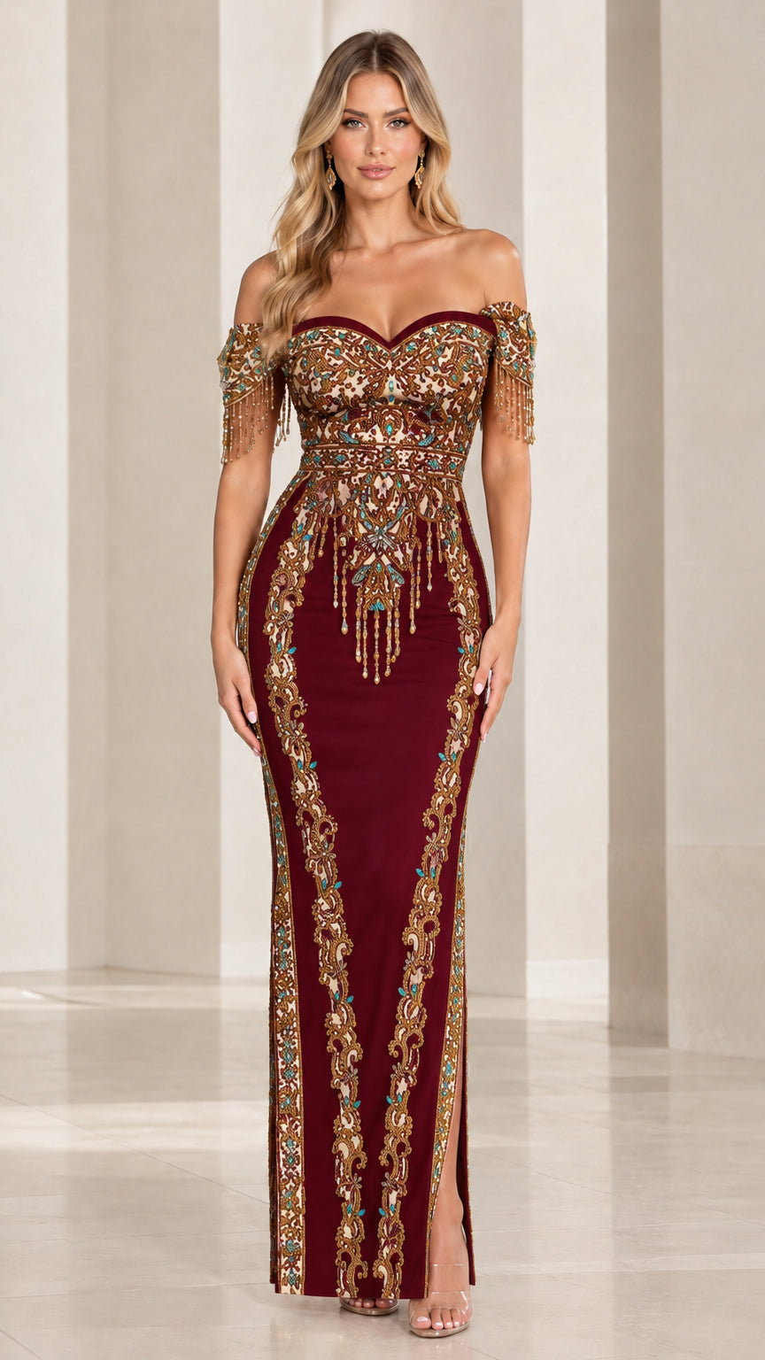 Burgundy wine red embroidered evening gown with beaded fringe detail