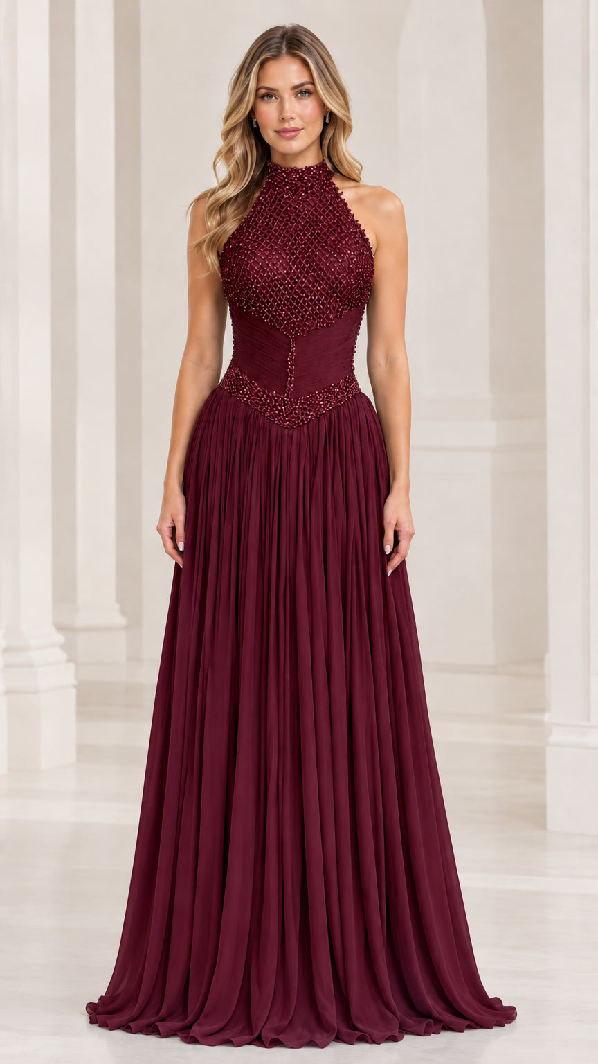 Front view of model wearing a burgundy wine high-neck halter beaded formal gown
