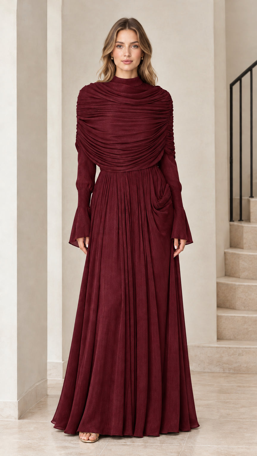 Front view of Burgundy wine high neck ruched maxi dress