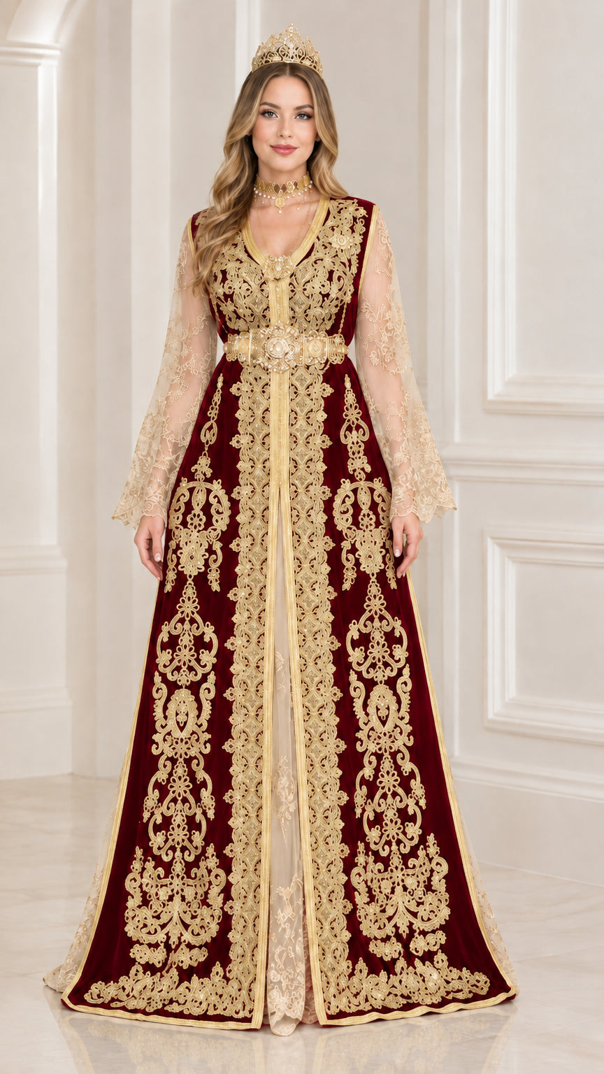 Burgundy wine red velvet embroidered Moroccan evening kaftan gown