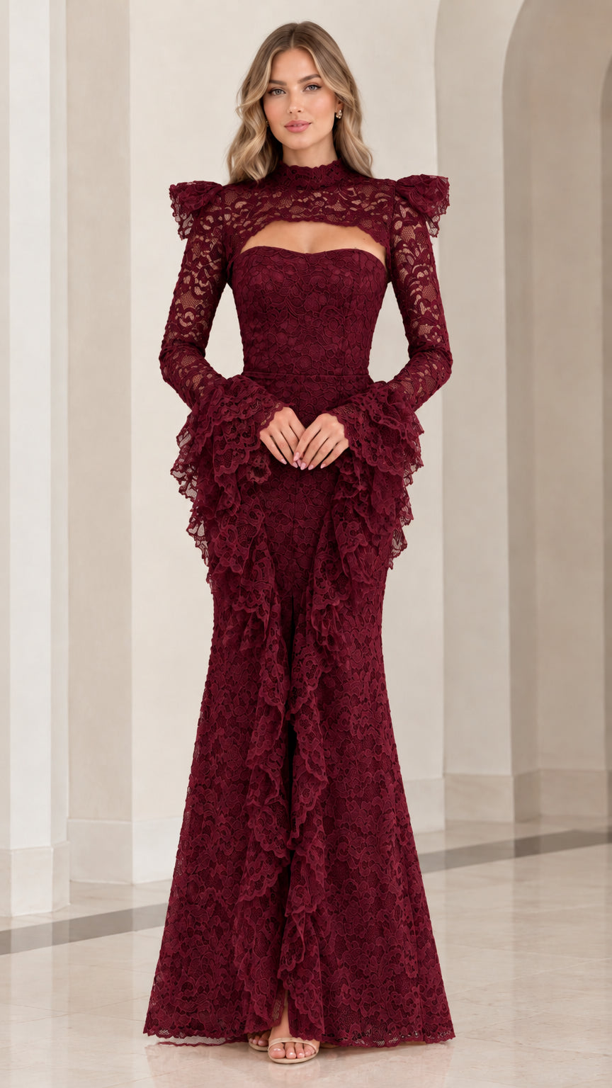 Front view of burgundy wine red floral lace maxi evening dress