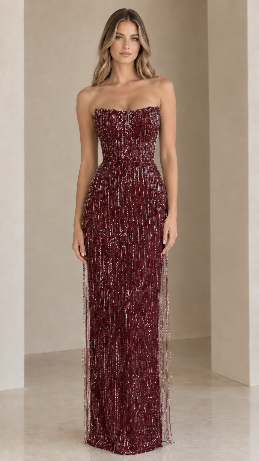 Front view of model wearing a burgundy wine strapless beaded fringe evening gown