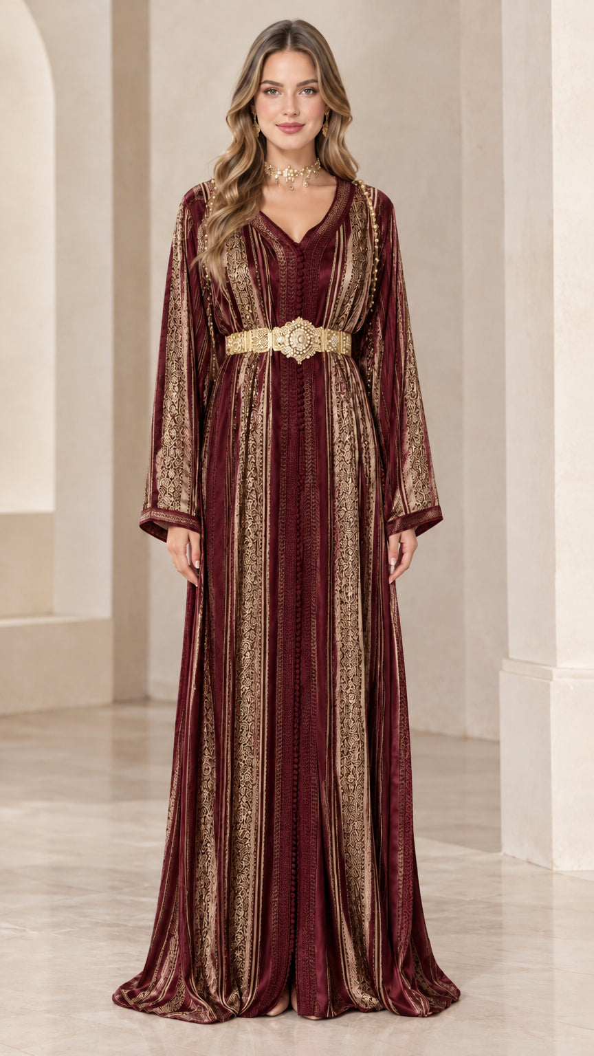 Front view of model wearing Burgundy metallic embroidered belted kaftan dress