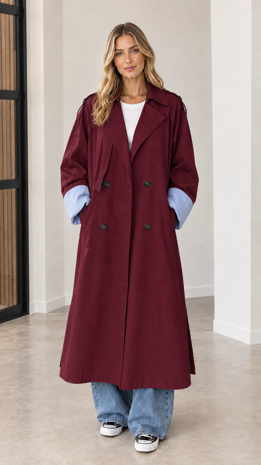 Front full view of burgundy wine red double-breasted maxi trench coat