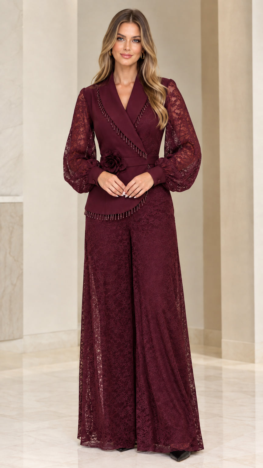 Burgundy wine red beaded lace wide-leg evening jumpsuit on model