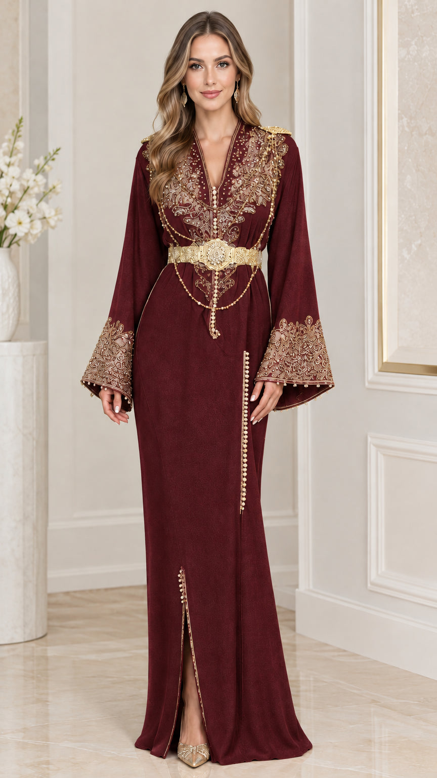 Full-length view of burgundy red embroidered evening kaftan dress