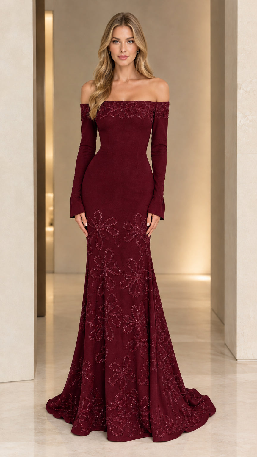 Burgundy off-the-shoulder mermaid evening gown with flared skirt