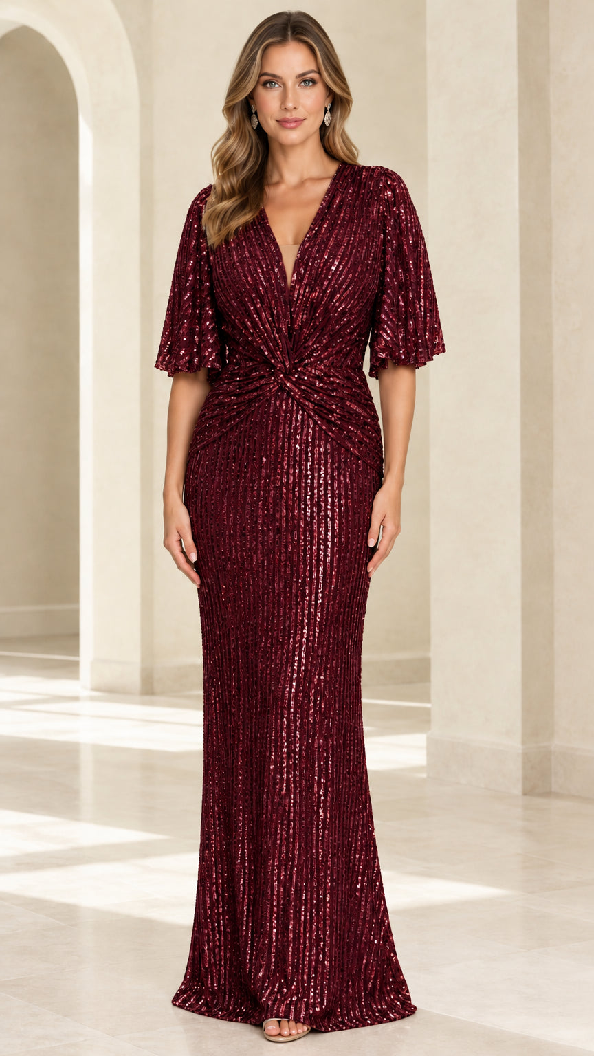 Full front view of burgundy wine sequin flutter sleeve evening gown