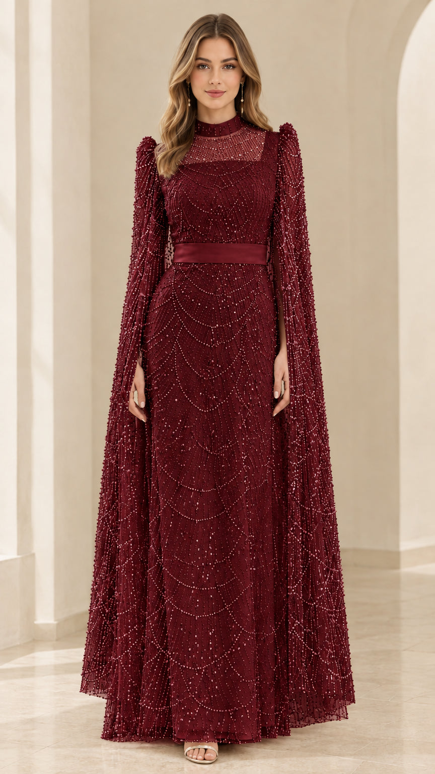 Burgundy wine red beaded cape sleeve formal maxi gown