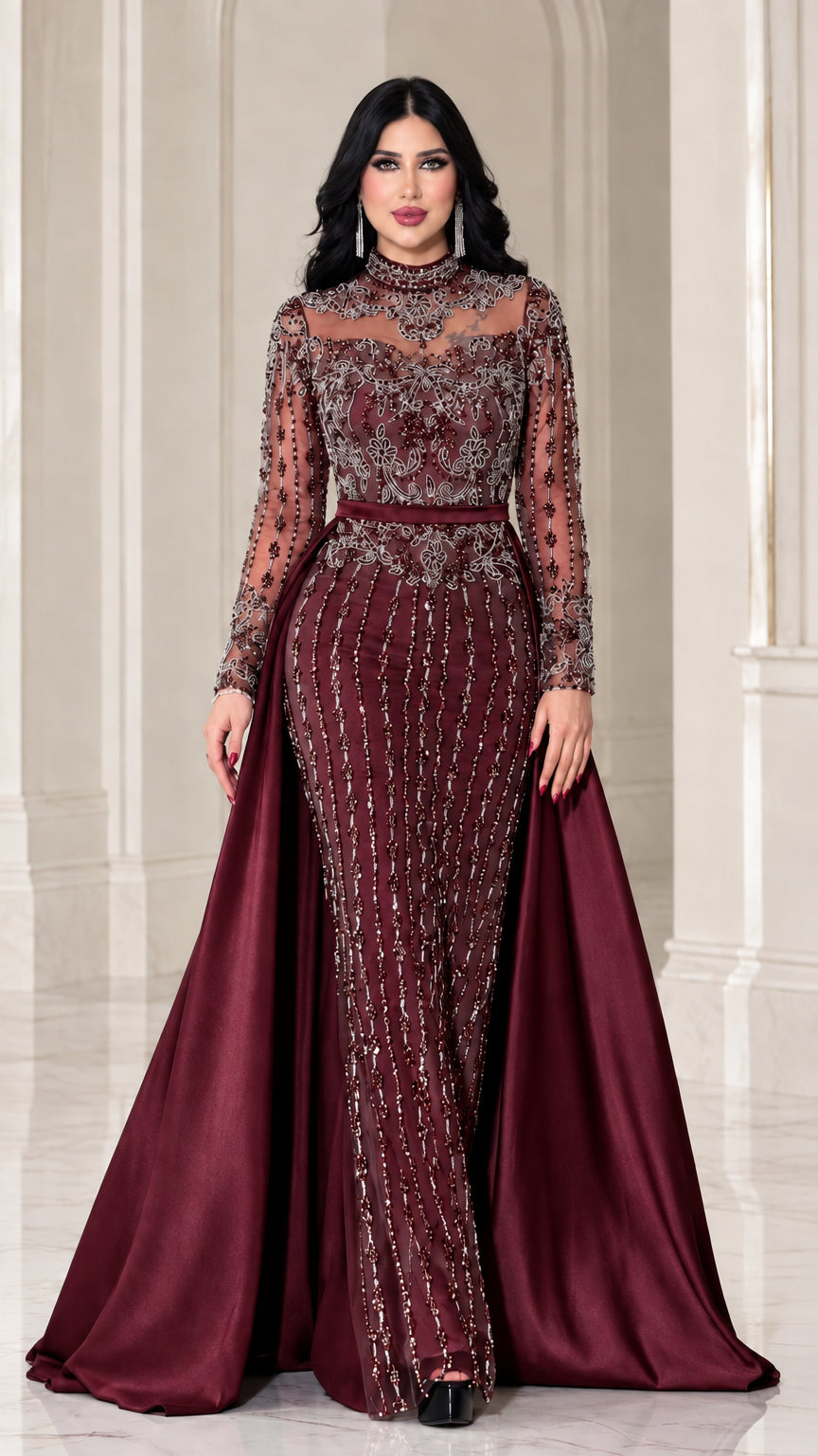 Burgundy wine beaded evening gown with attached satin side train
