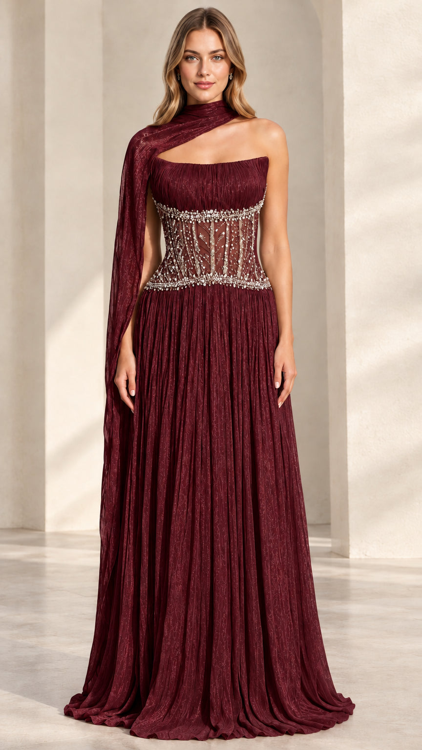 Burgundy wine red pleated evening gown with crystal-embellished corset bodice