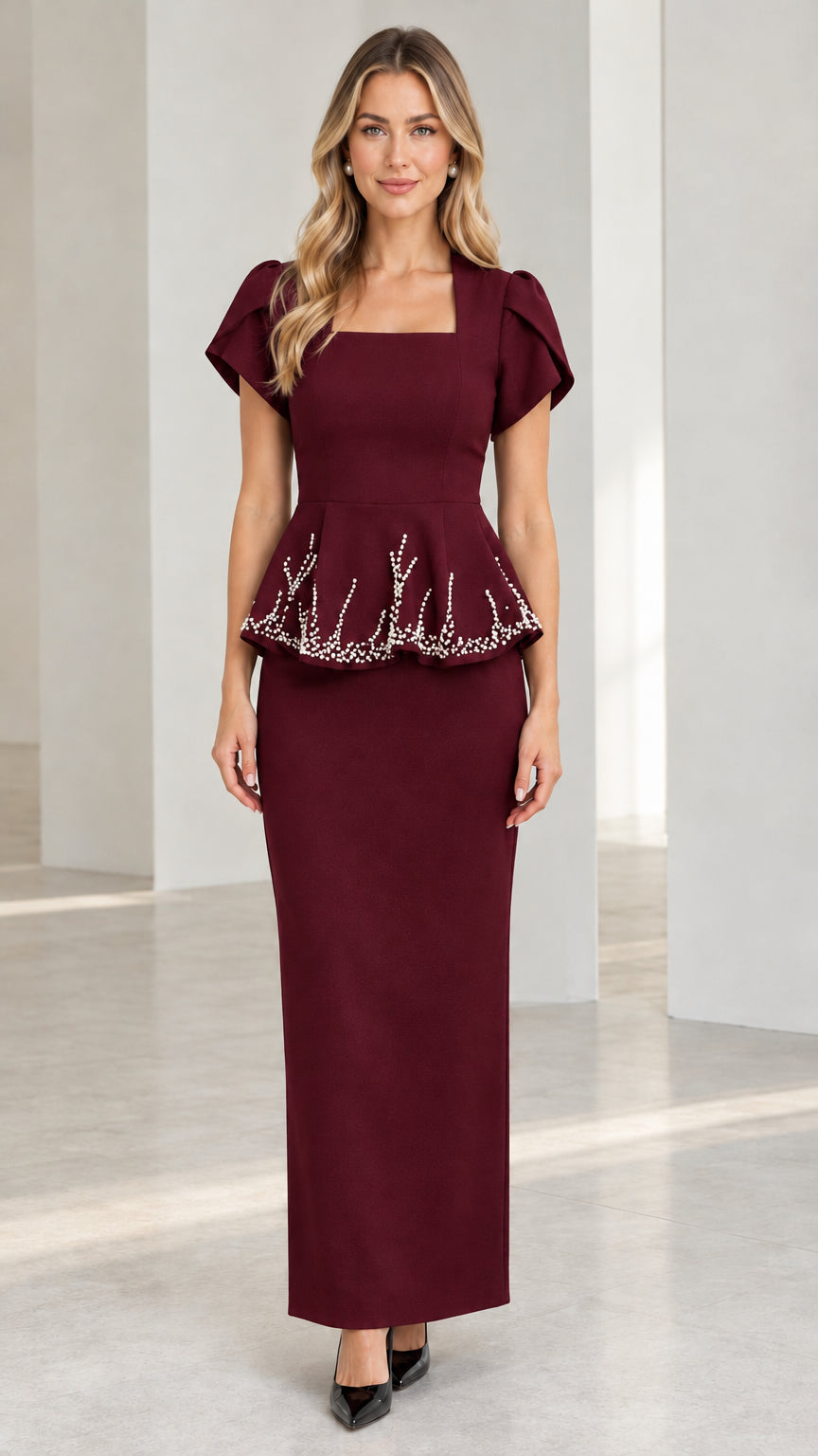 Burgundy wine square neck beaded peplum maxi formal dress