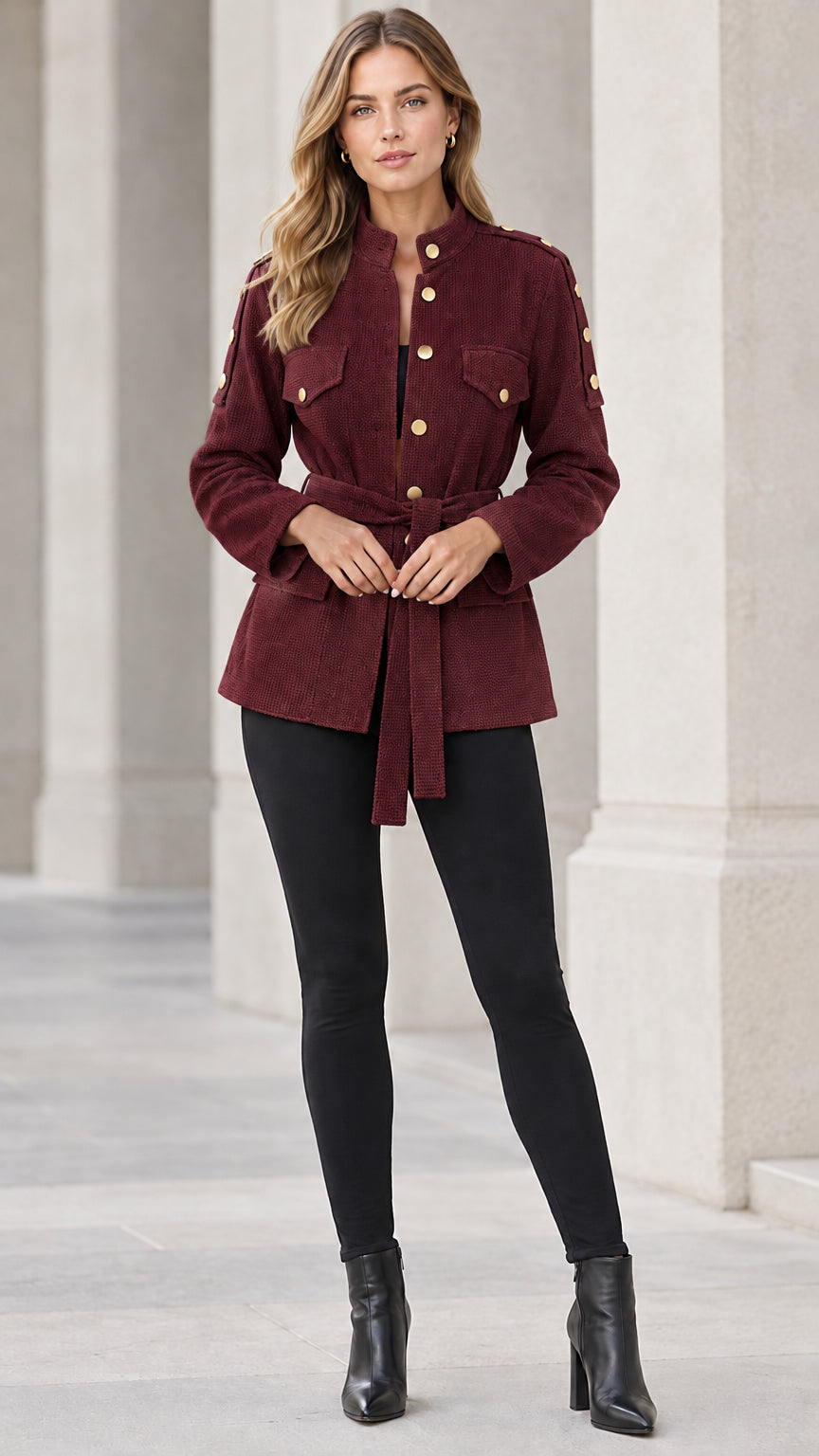 Full front view of model wearing burgundy wine belted military jacket