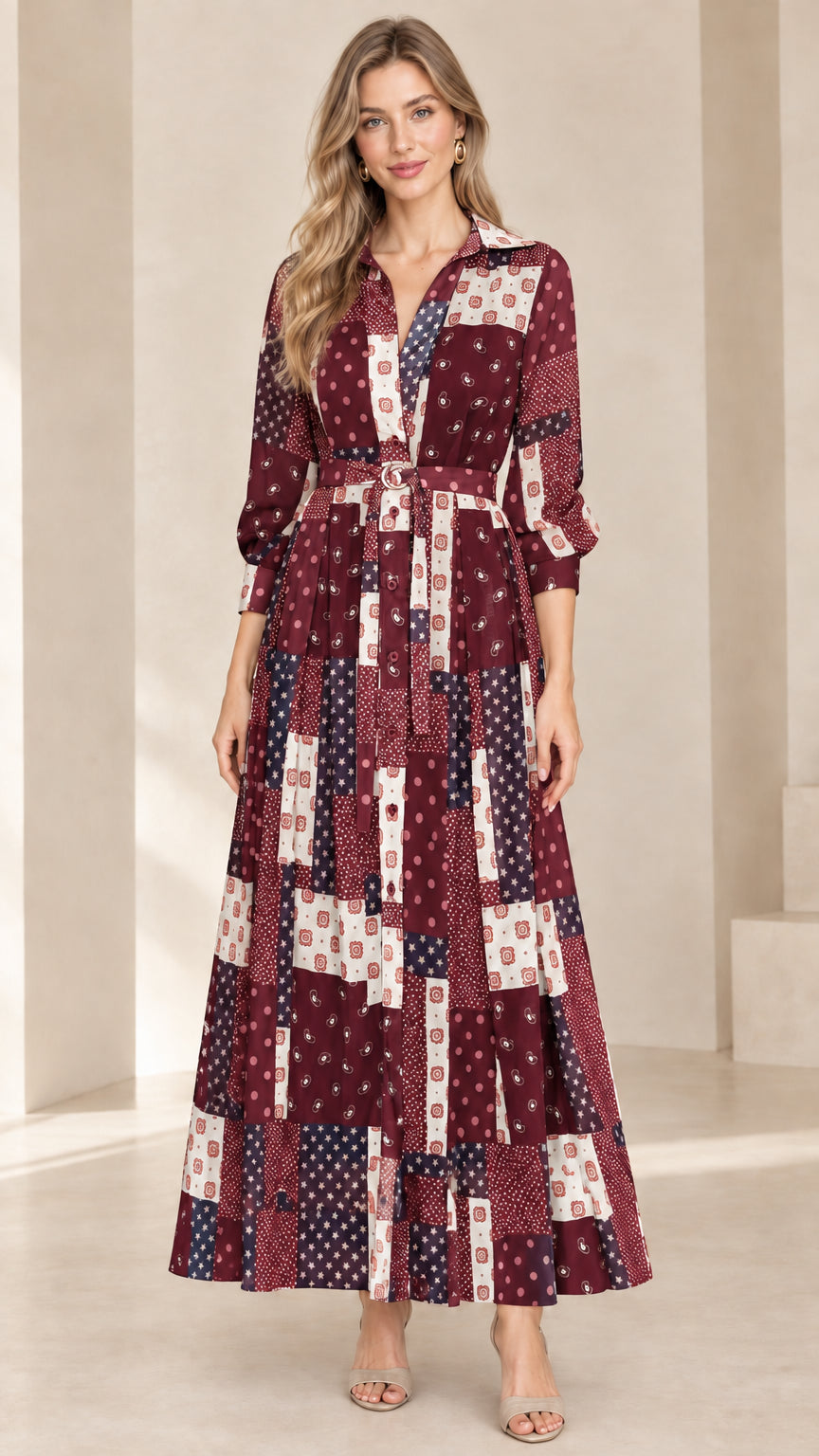 Front view of model wearing Wine Red long sleeve patchwork maxi shirt dress
