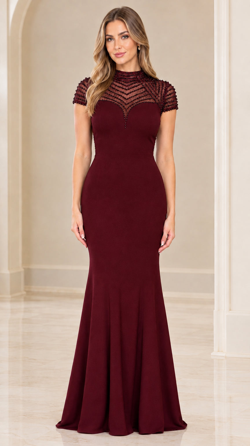 Burgundy wine red beaded illusion mermaid formal gown front view